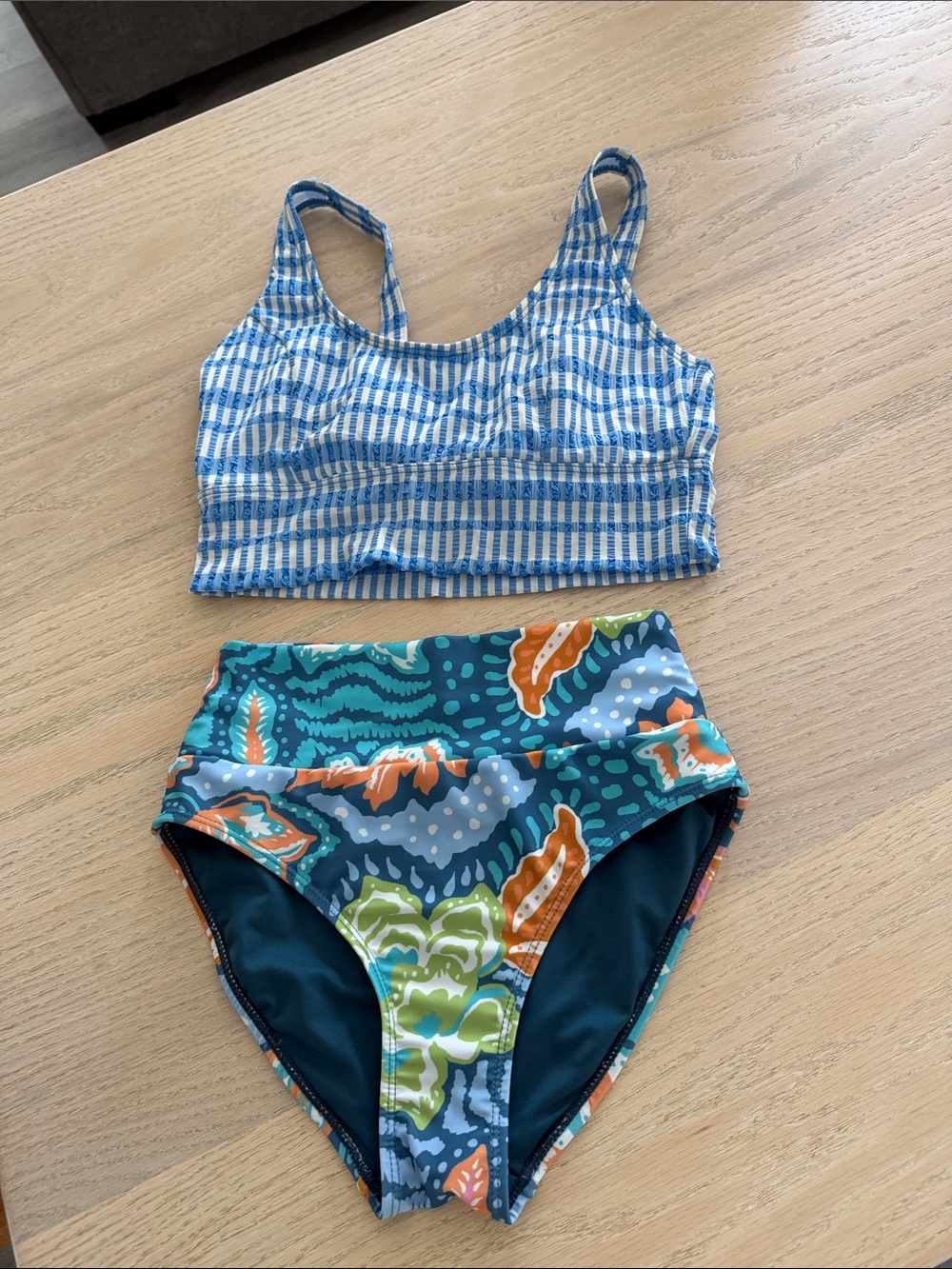 Women’s Blue Patterned Two-Piece High-Waist Swim Set
